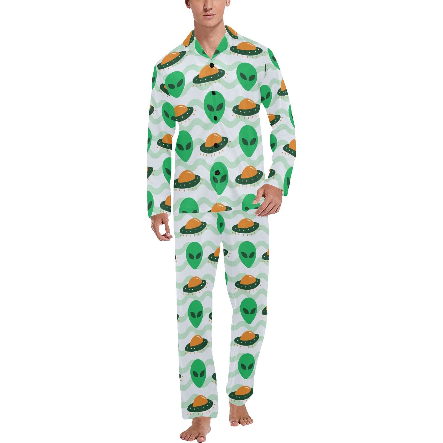 Alien UFO Pattern Print Design 04 Men's Long Pajama Set