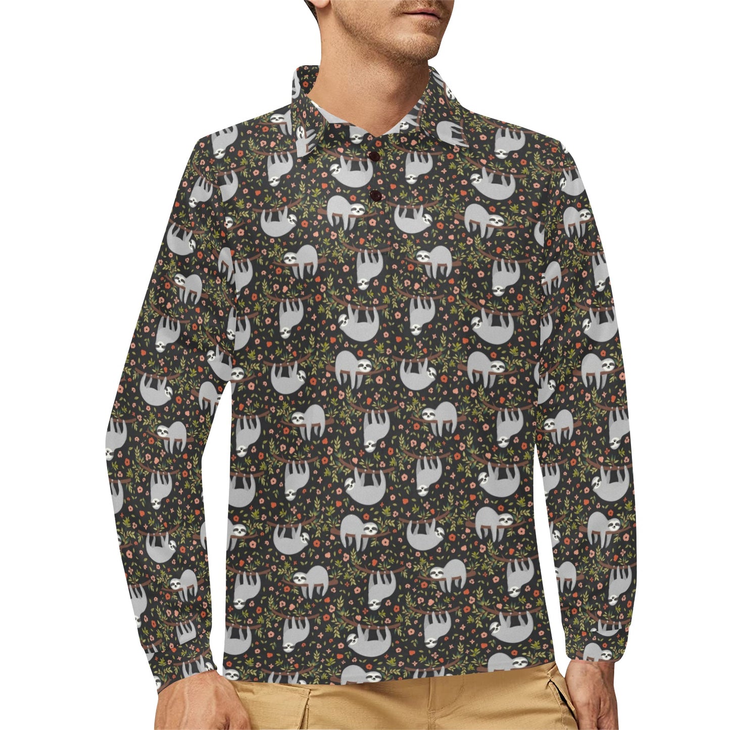Sloth Cute Design Themed Print Long Sleeve Polo Shirt For Men's