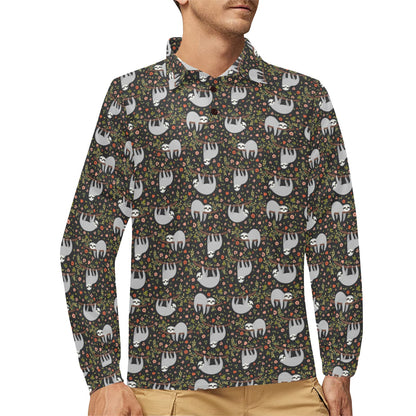 Sloth Cute Design Themed Print Long Sleeve Polo Shirt For Men's