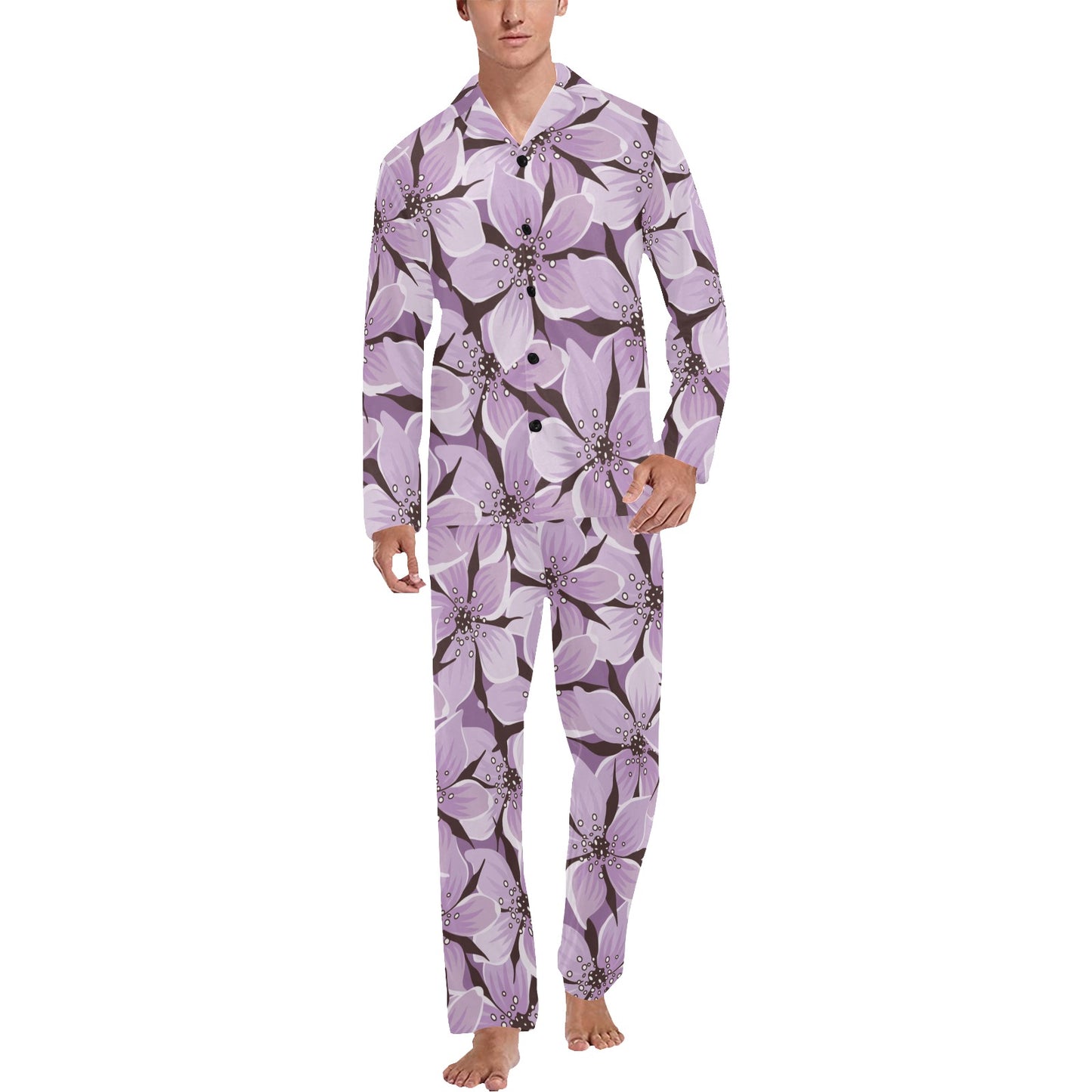 Lilac Pattern Print Design 01 Men's Long Pajama Set