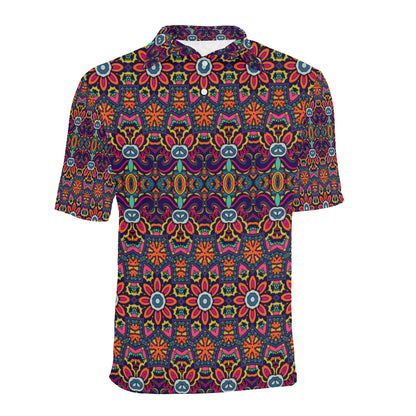Ethnic Flower Style Print Pattern Men Polo Shirt