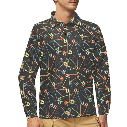 Safety Pin Print Design LKS301 Long Sleeve Polo Shirt For Men's