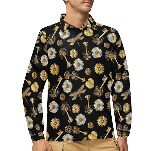 Steampunk Key Dragonfly Print Design LKS303 Long Sleeve Polo Shirt For Men's