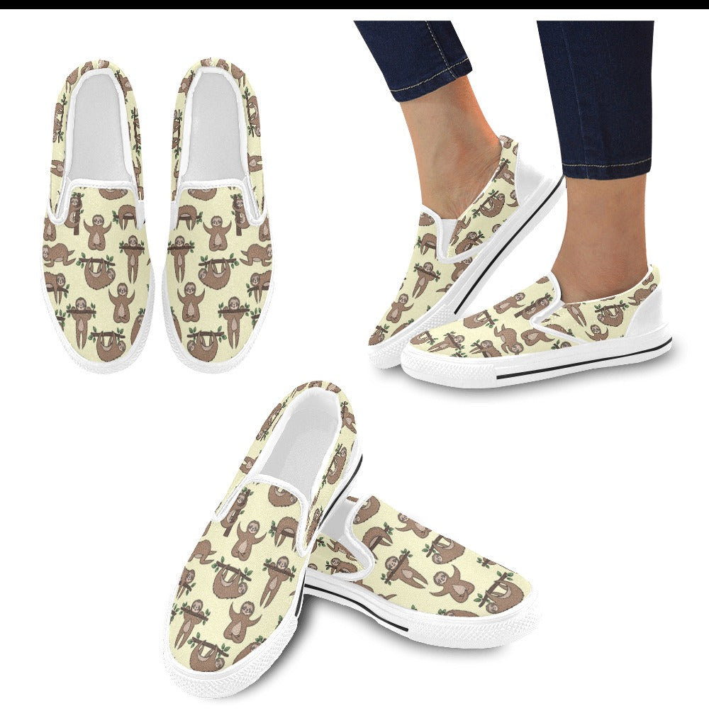 Sloth Print Design LKS3010 White Slip Ons Canvas Women's Shoes