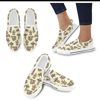 Sloth Print Design LKS3010 White Slip Ons Canvas Women's Shoes