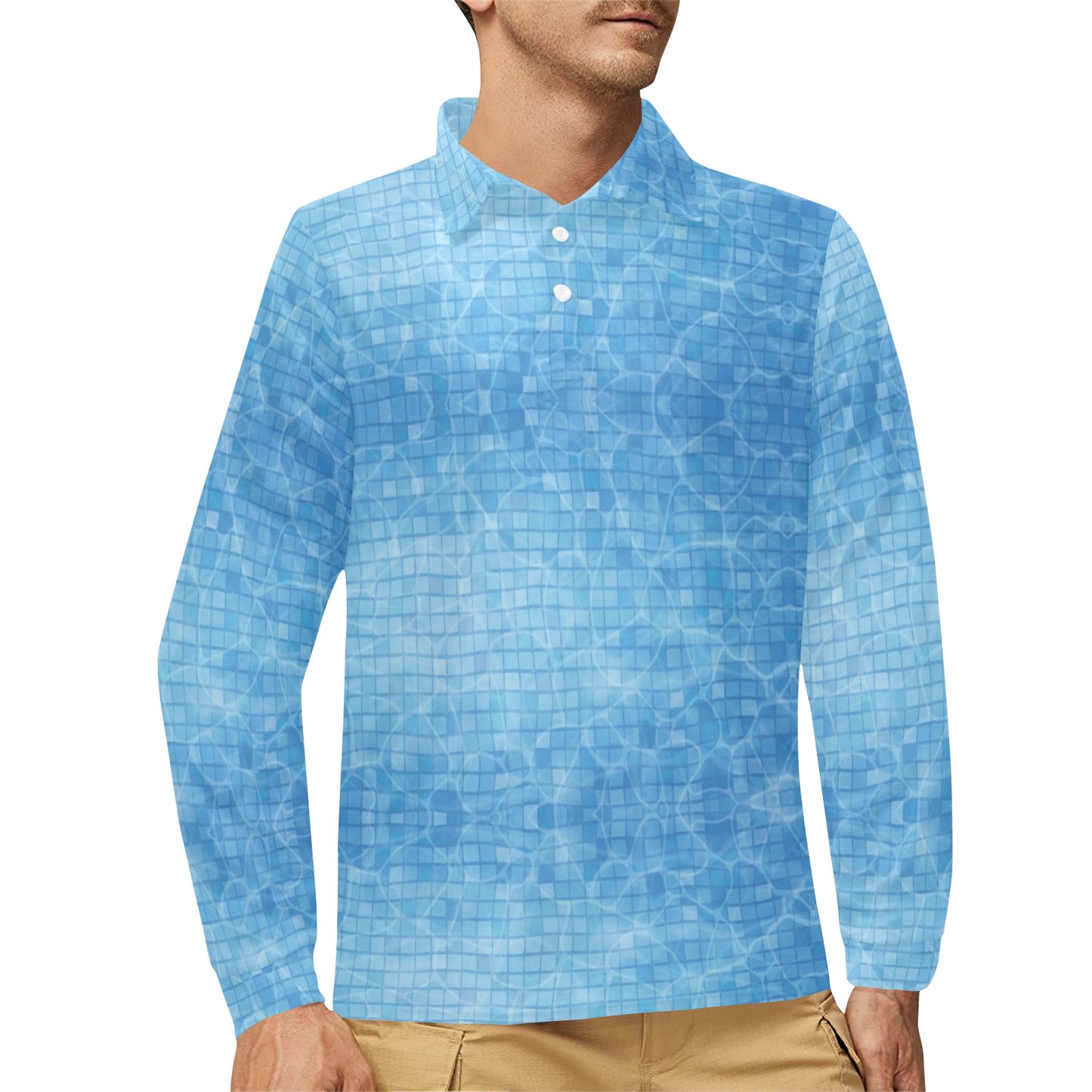Swimming Pool Print Design LKS302 Long Sleeve Polo Shirt For Men's