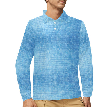 Swimming Pool Print Design LKS302 Long Sleeve Polo Shirt For Men's
