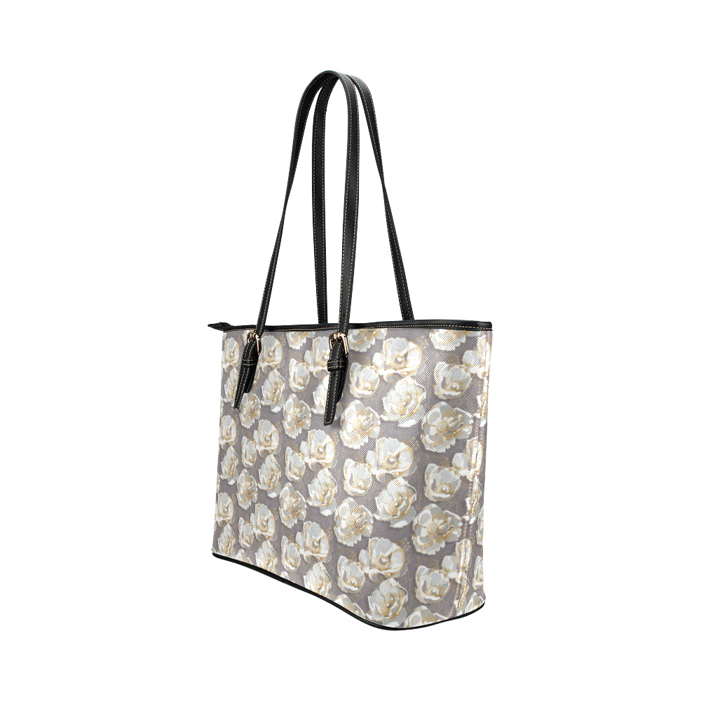 Elegant Grey Flower Print Leather Tote Bag