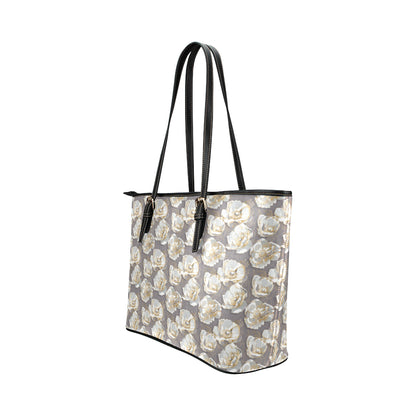 Elegant Grey Flower Print Leather Tote Bag
