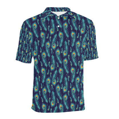 Peacock Feather Blue Design Print Men Polo Shirt