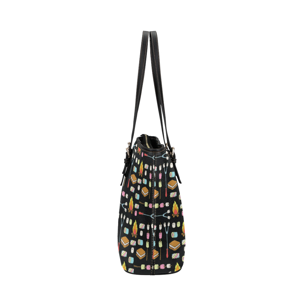 Camping Campfire Marshmallows Leather Tote Bag