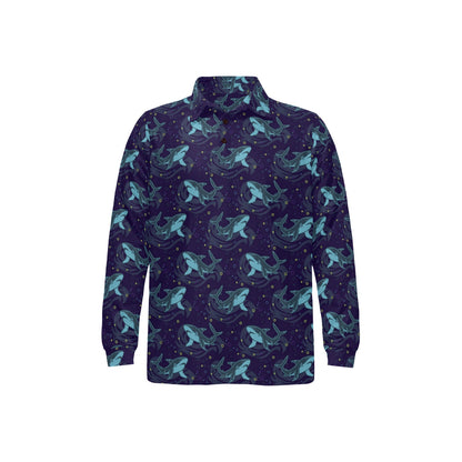 Shark Themed Print Long Sleeve Polo Shirt For Men's
