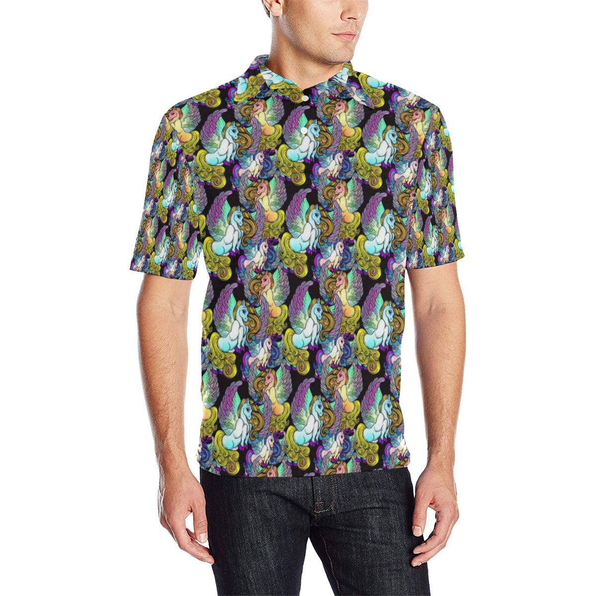 Unicorn With Wings Print Pattern Men Polo Shirt