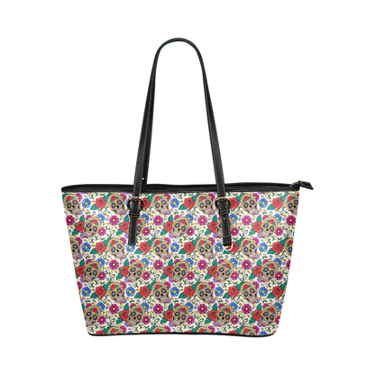 Sugar Skull Colorful Themed Print Leather Tote Bag