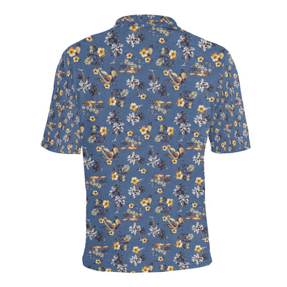 Hawaiian Flower Blue Print Men Polo Shirt