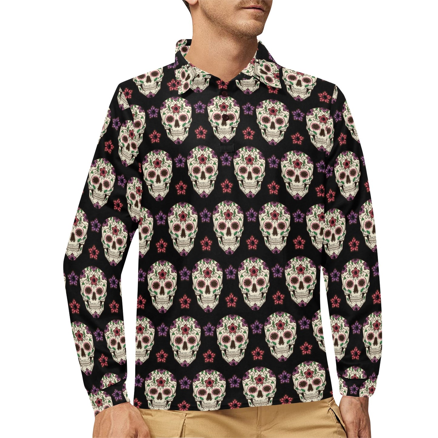 Sugar Skull Print Design LKS304 Long Sleeve Polo Shirt For Men's