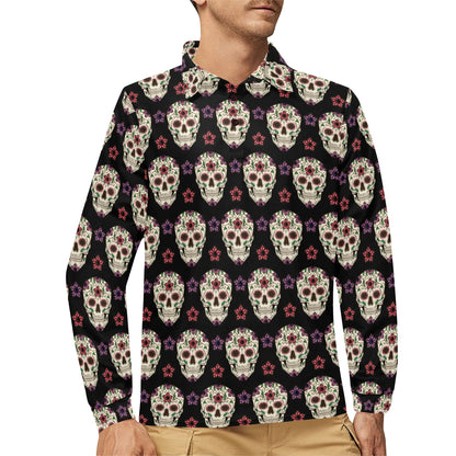 Sugar Skull Print Design LKS304 Long Sleeve Polo Shirt For Men's