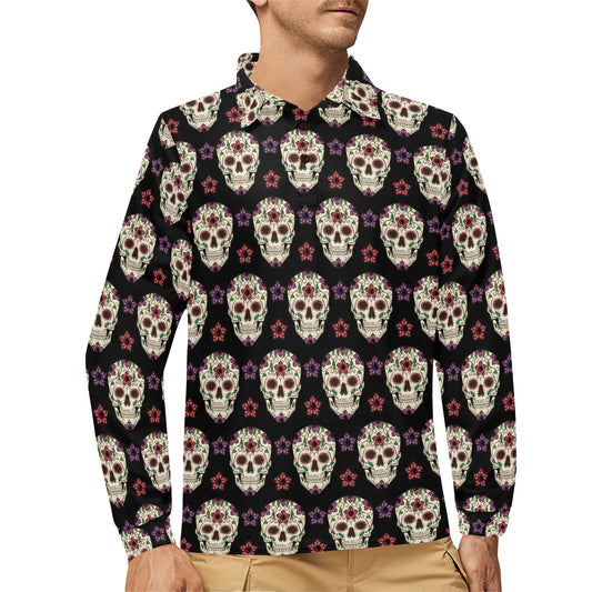 Sugar Skull Print Design LKS304 Long Sleeve Polo Shirt For Men's