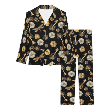 Steampunk Dragonfly Design Themed Print Women's Long Pajama Set