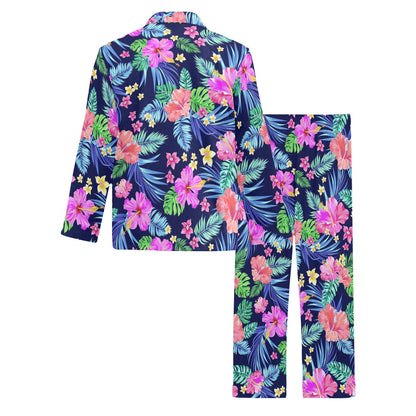 Neon Hibiscus Pattern Print Design HB016 Men's Long Pajama Set