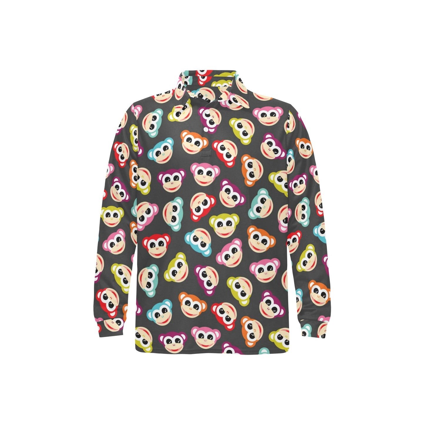 Monkey Head Design Themed Print Long Sleeve Polo Shirt For Men's