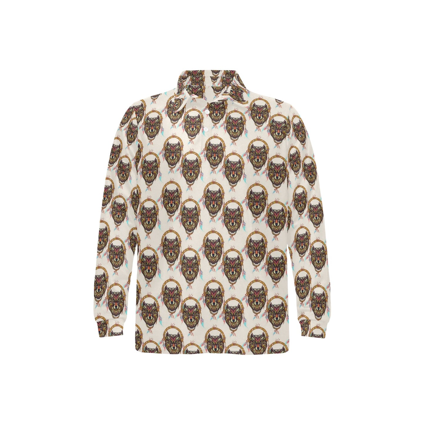 Wolf Tribal Dream Catcher Design Print Long Sleeve Polo Shirt For Men's