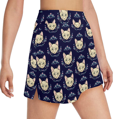 Cat Head with flower Print Pattern 17" Golf & Pickleball Skort with Pockets