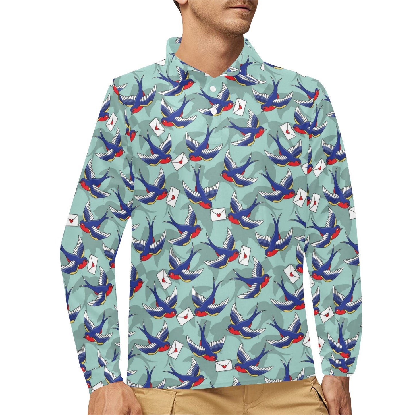 Swallow Bird Pattern Print Design 02 Long Sleeve Polo Shirt For Men's