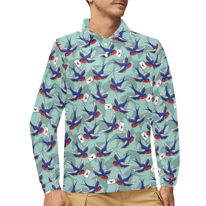 Swallow Bird Pattern Print Design 02 Long Sleeve Polo Shirt For Men's