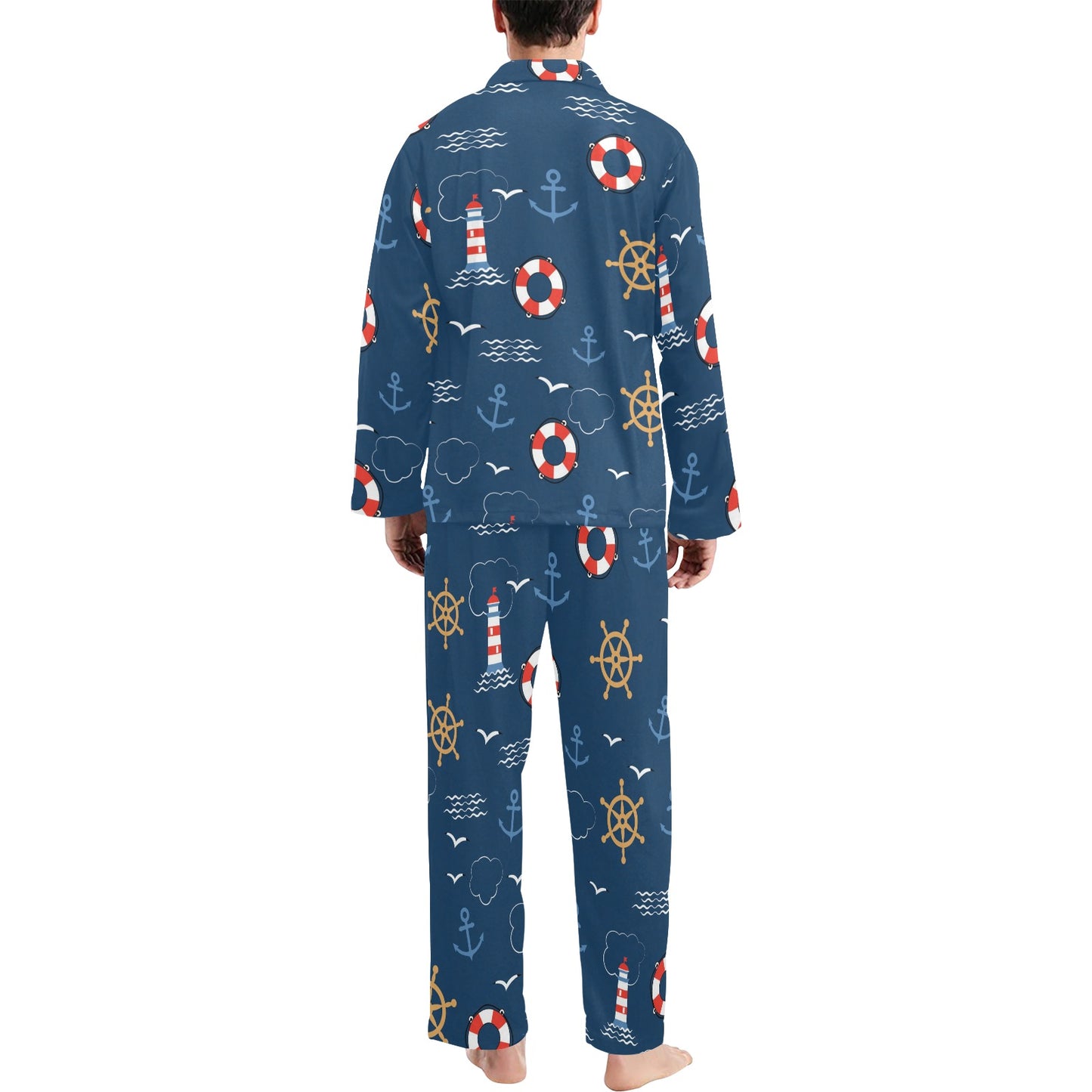 Nautical Pattern Print Design A06 Men's Long Pajama Set