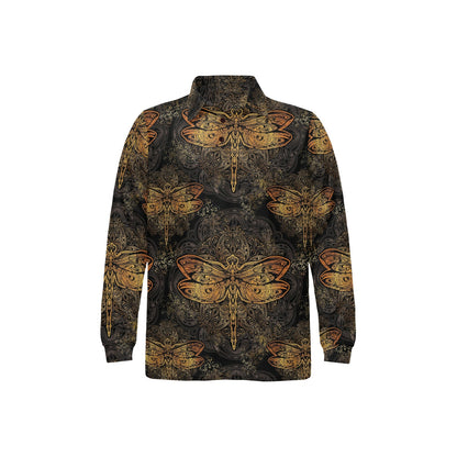 Gold Dragonfly Mandala Long Sleeve Polo Shirt For Men's