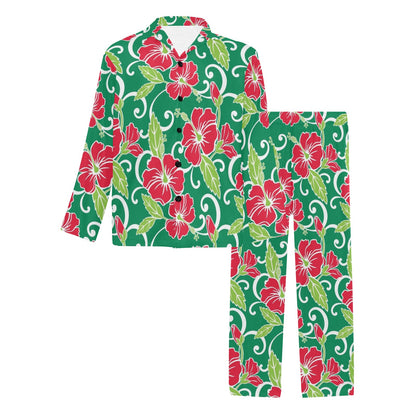 Red Hibiscus Pattern Print Design HB019 Men's Long Pajama Set
