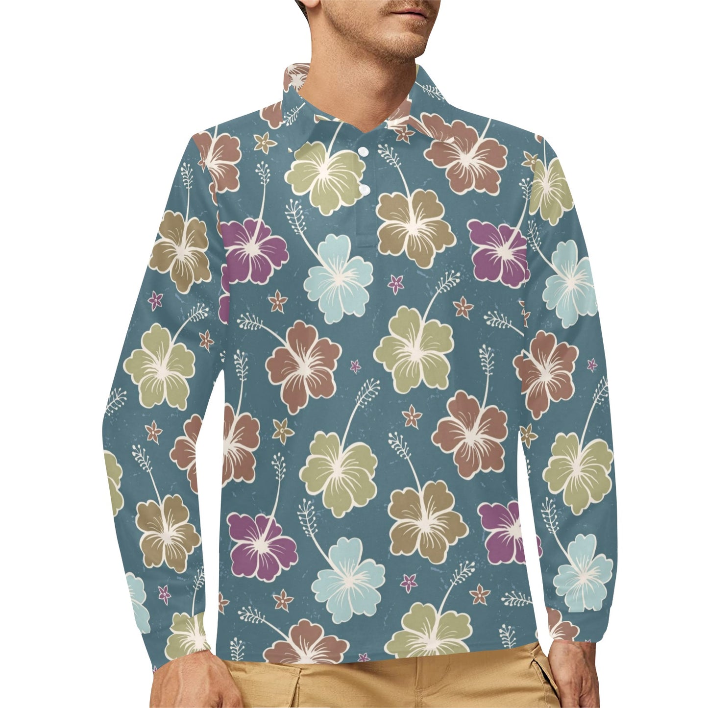Hibiscus Pattern Print Design HB033 Long Sleeve Polo Shirt For Men's