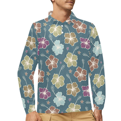 Hibiscus Pattern Print Design HB033 Long Sleeve Polo Shirt For Men's