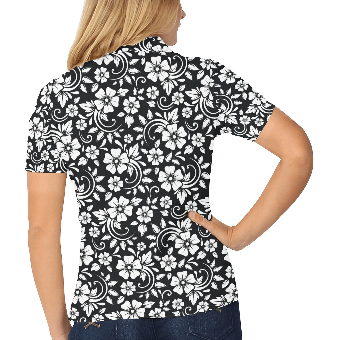 Floral Black White Themed Print Women's Polo Shirt