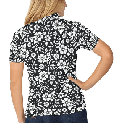 Floral Black White Themed Print Women's Polo Shirt
