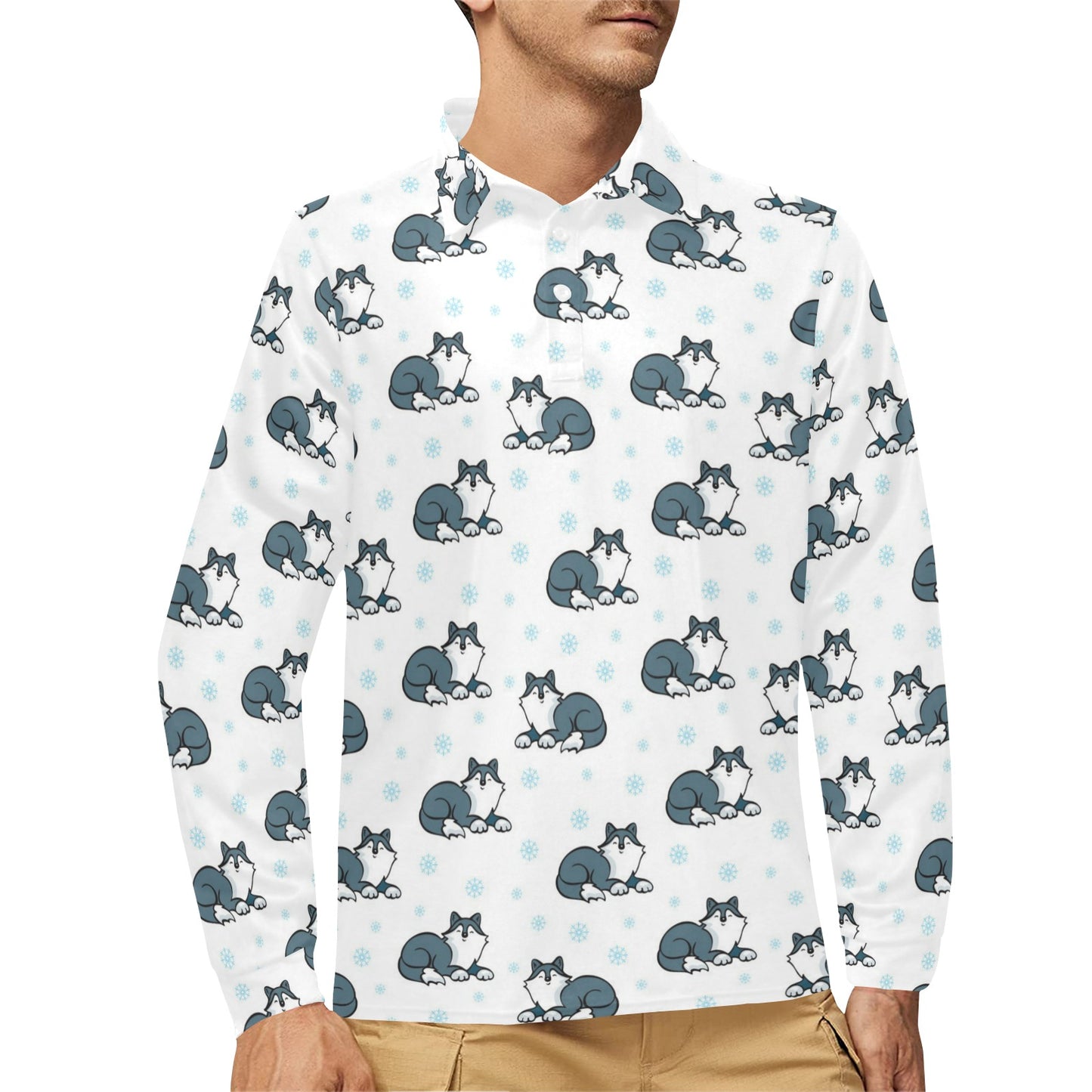 Alaskan Malamute Pattern Print Design 03 Long Sleeve Polo Shirt For Men's