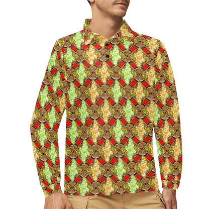 African Classic Print Pattern Long Sleeve Polo Shirt For Men's