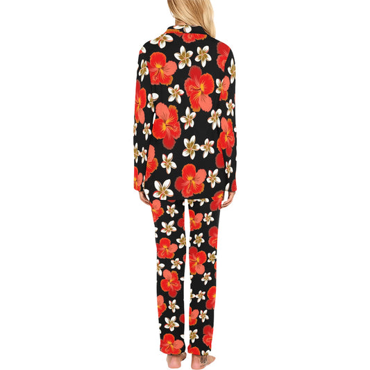 Red Hibiscus Pattern Print Design HB022 Women's Long Pajama Set