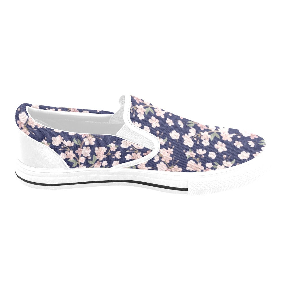 Sakura Print Design LKS301 White Slip Ons Canvas Women's Shoes