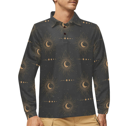 Moon Boho Pattern Print Design 02 Long Sleeve Polo Shirt For Men's