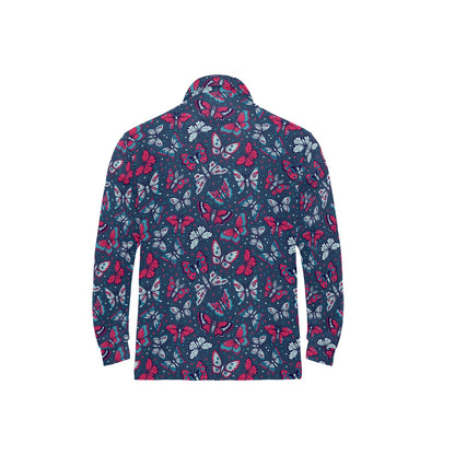 Butterfly Red Deep Blue Print Pattern Long Sleeve Polo Shirt For Men's