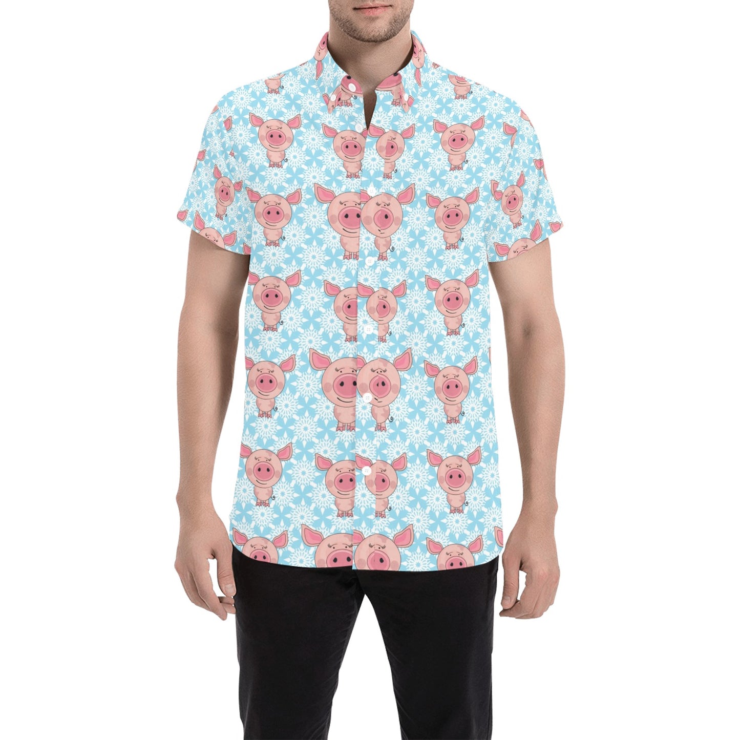 Pig Print Design LKS402 Men Short Sleeve Button Up Shirt