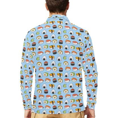Sushi Cartoon Design Long Sleeve Polo Shirt For Men's