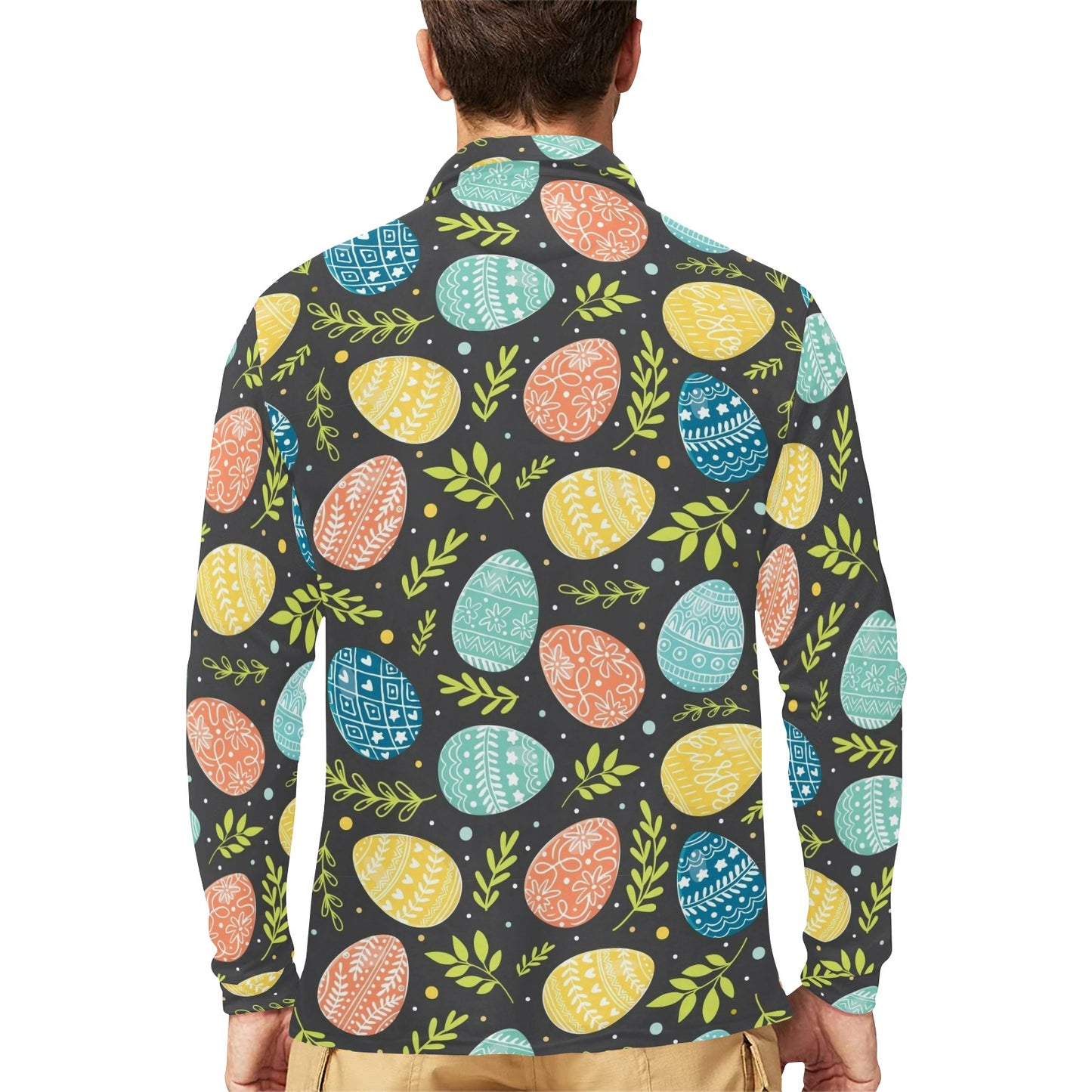 Easter Eggs Pattern Print Design RB01 Long Sleeve Polo Shirt For Men's