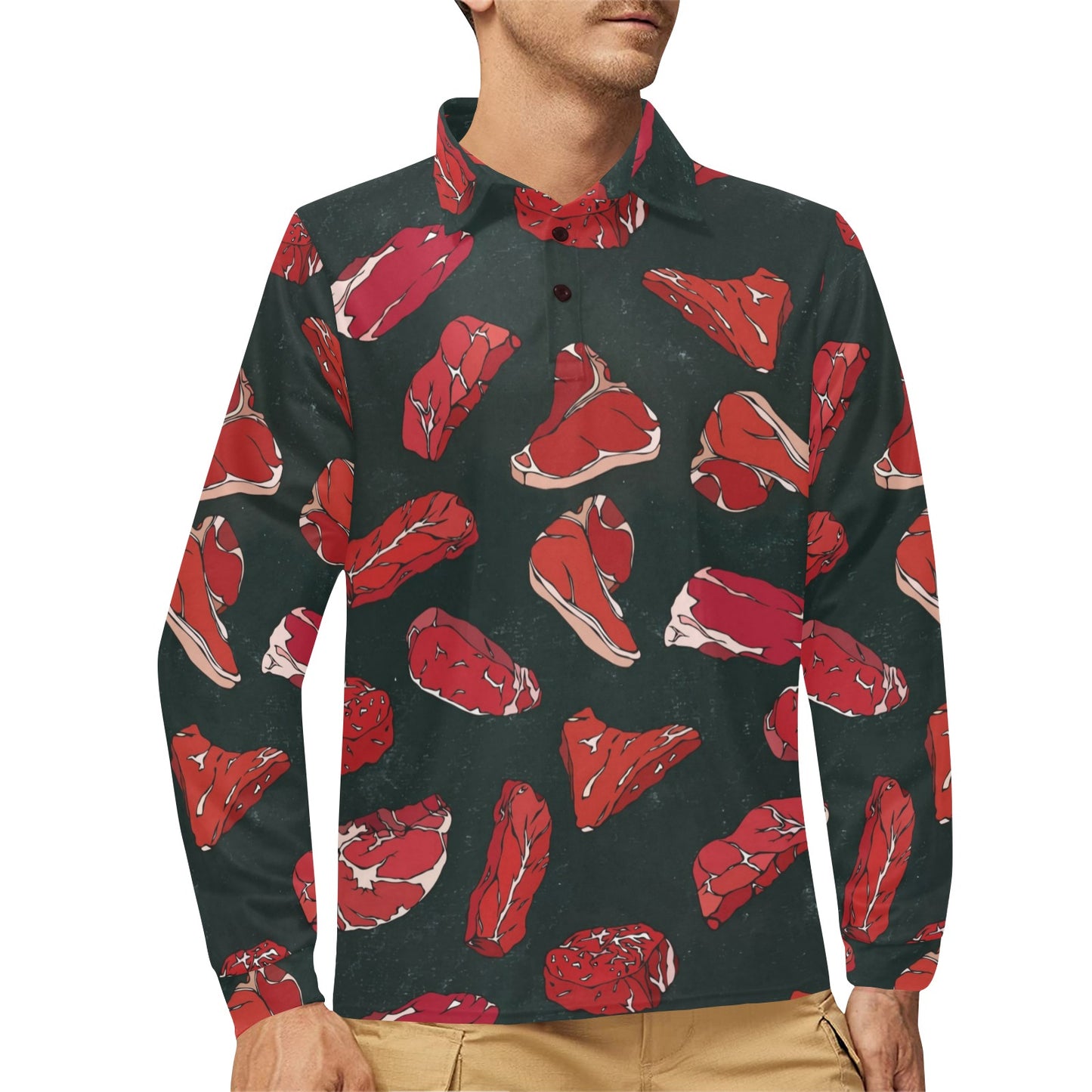 Meat Pattern Print Design 01 Long Sleeve Polo Shirt For Men's