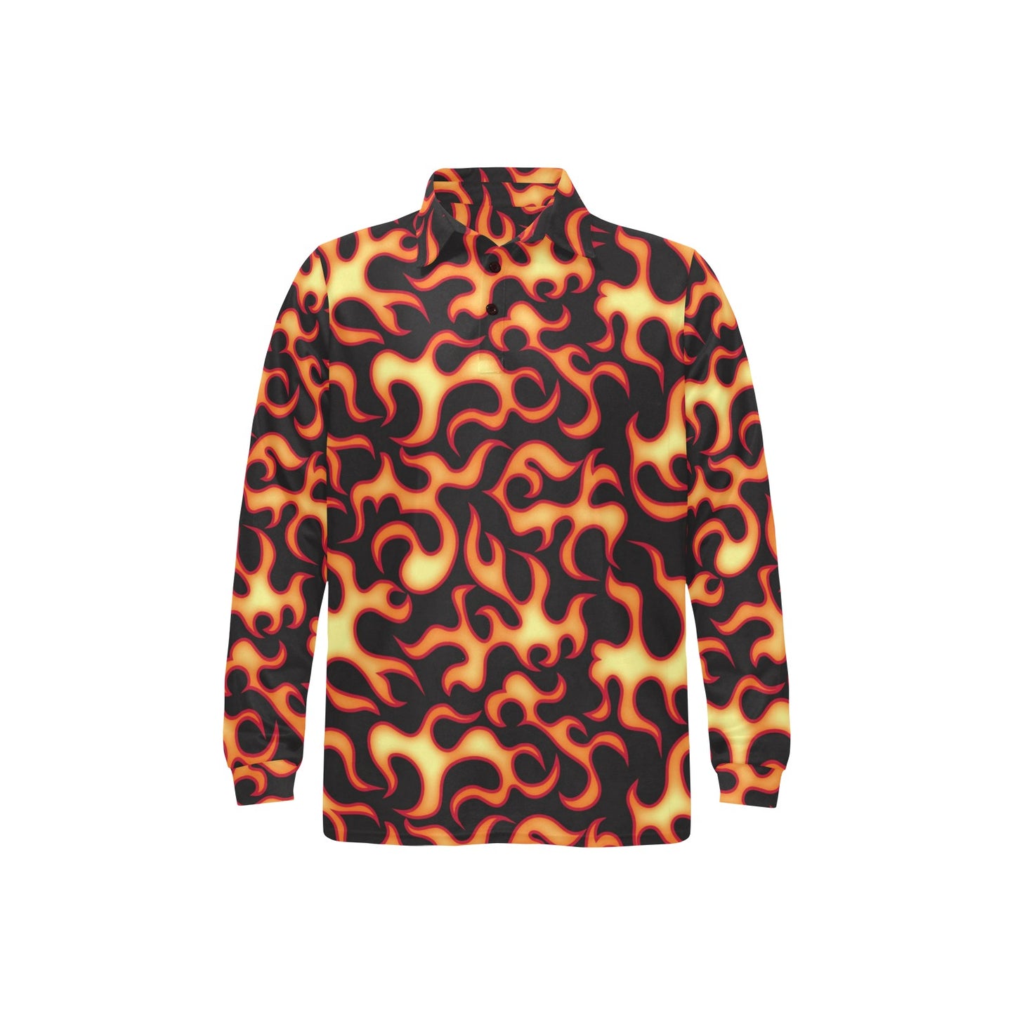 Flame Fire Themed Print Long Sleeve Polo Shirt For Men's