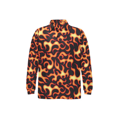 Flame Fire Themed Print Long Sleeve Polo Shirt For Men's