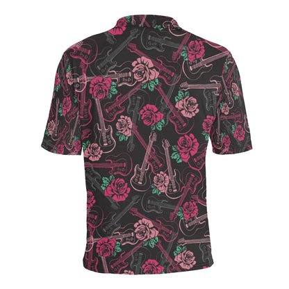 Bass Guitar Pink Rose Pattern Print Design 01 Men Polo Shirt