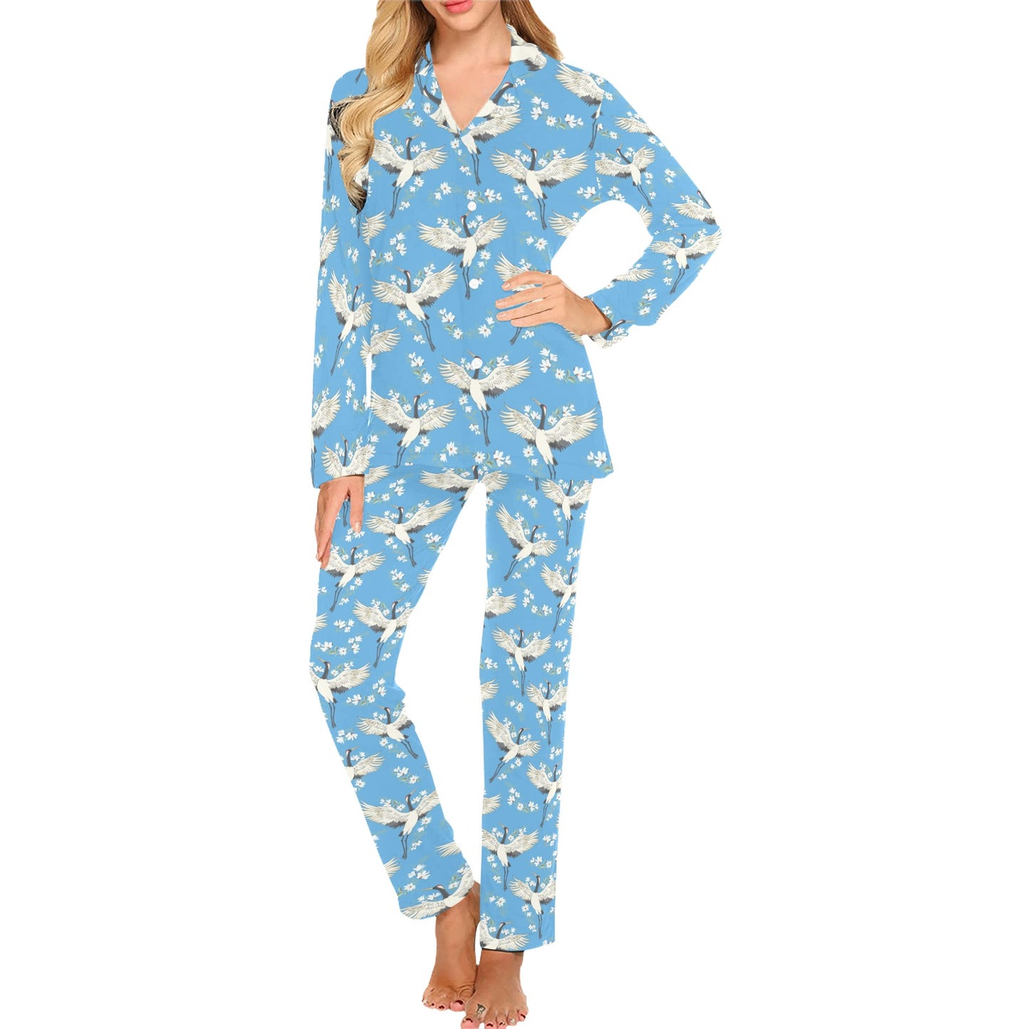 Crane Pattern Print Design 03 Women's Long Pajama Set